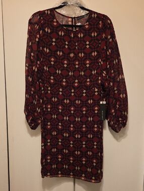 Black Tape Burgundy and Cream Geometric Long-Sleeve Shift Dress